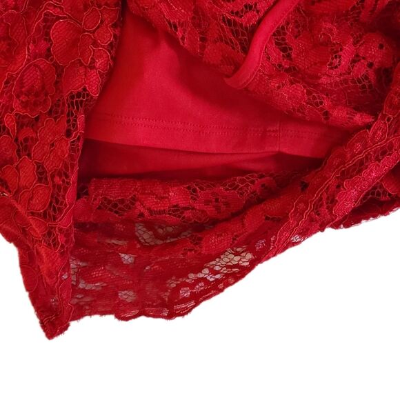 Marina | Red Floral Metallic Lace Overlay Knee Length Sheath Dress, Size M or 8 - Picture 7 of 10